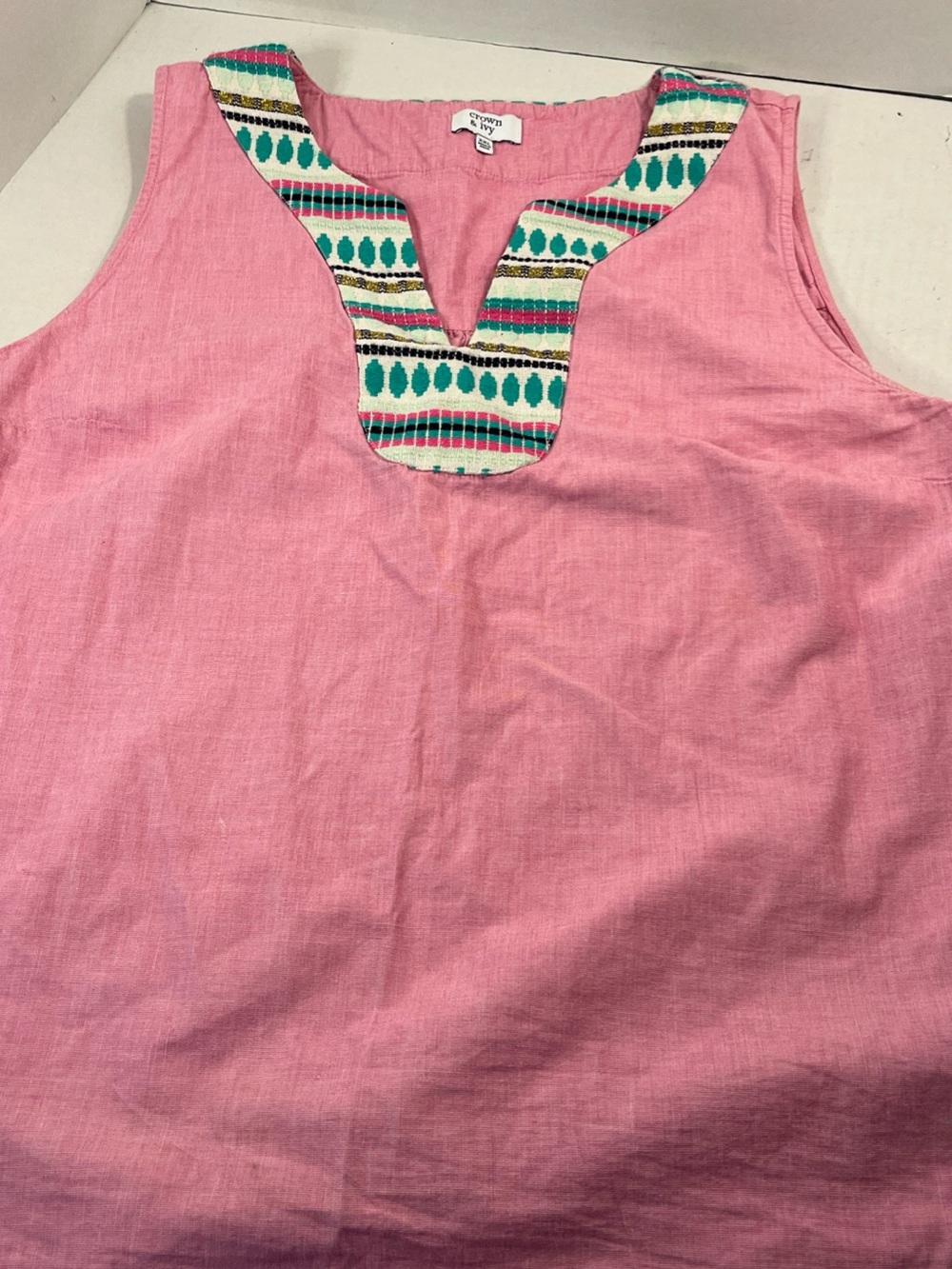 crown & ivy Pink Sleeveless Tank with Teal Embroidered Yoke
